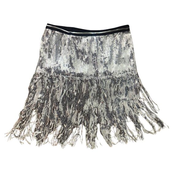 Silver Sequin Size M Edgy Alt Western McBling Fringed Mini Skirt Flapper Costume - Picture 1 of 5